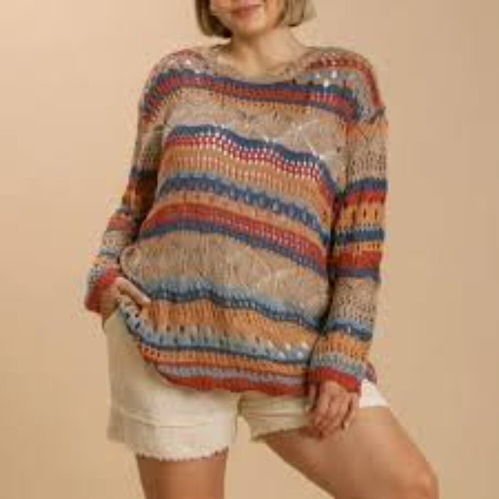 ✅ Umgee Teal Rust Stripe Open‎ Crochet Scallop Hem Crewneck Sweater Medium Boho